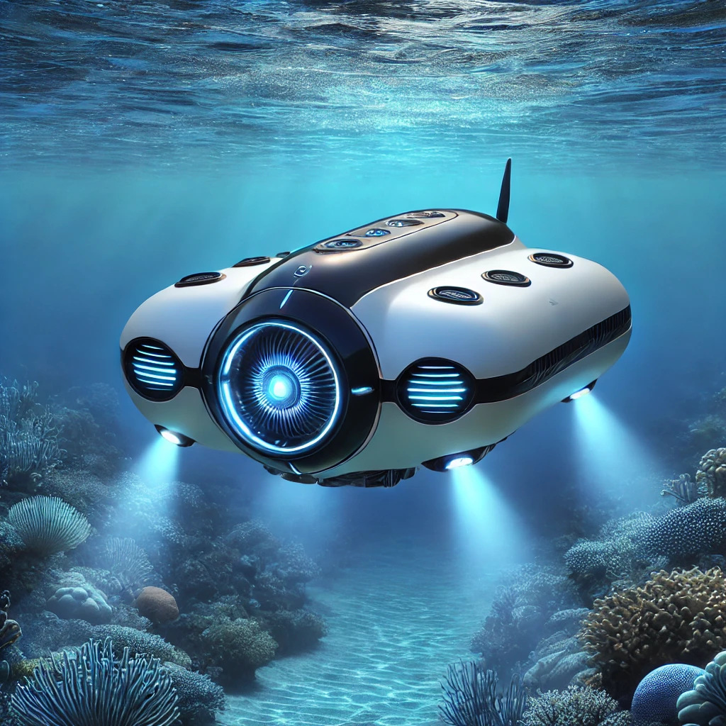 A high-resolution realistic image of a small futuristic submarine drone without visible propeller blades. The drone has a sleek, hydrodynamic design w
