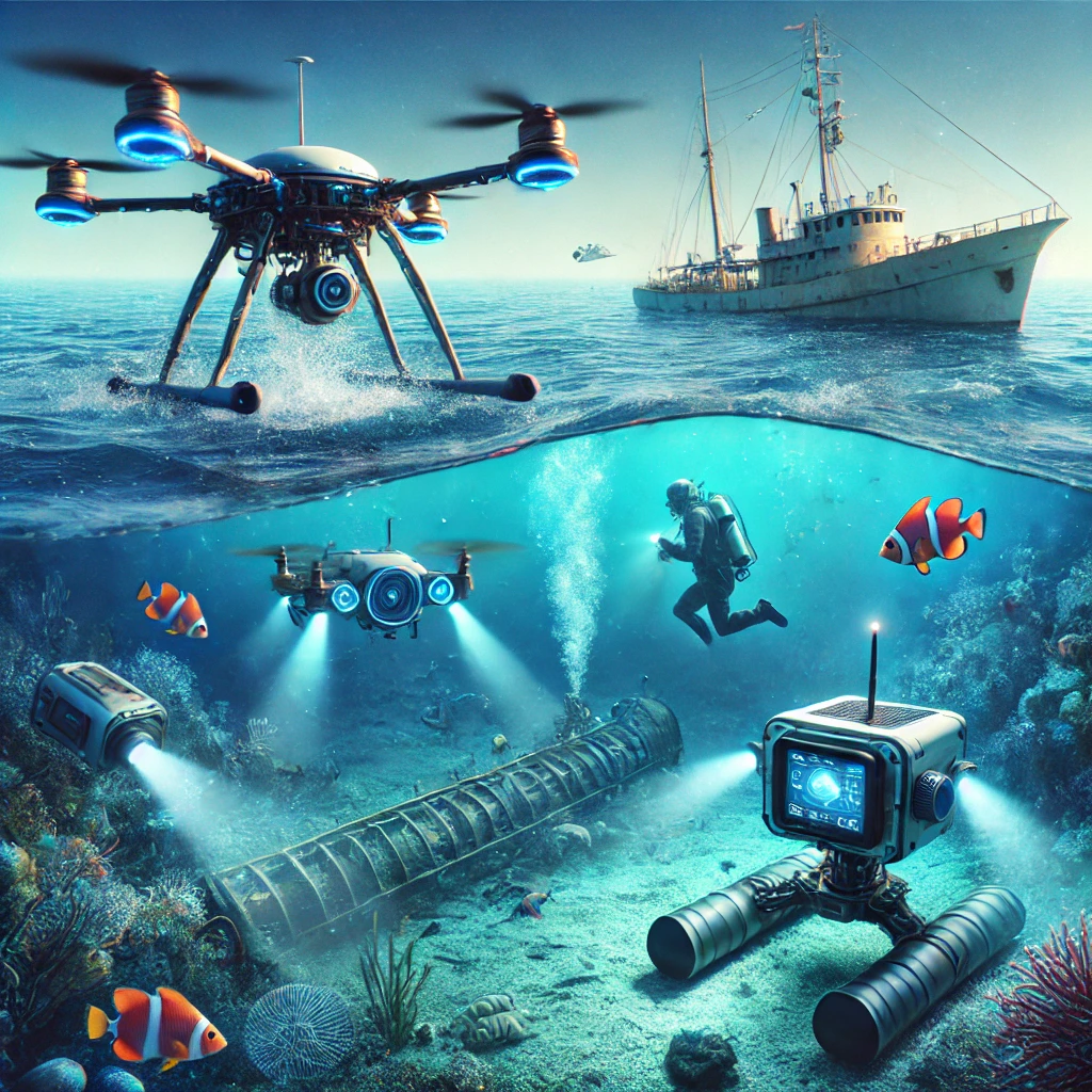 A high-resolution realistic image of various water drones (aquatic and underwater drones) in action. One drone is floating on the ocean surface collec