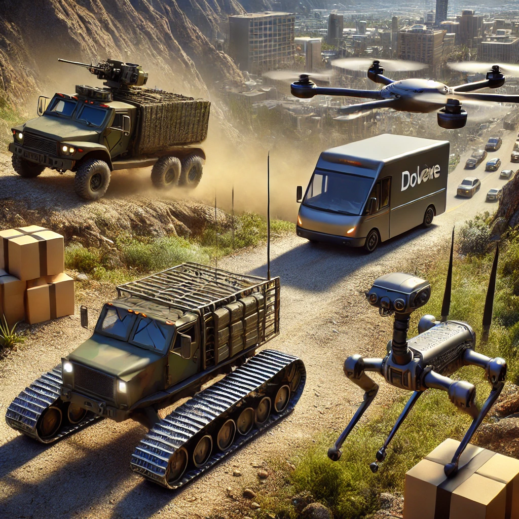 A realistic high-resolution image of various land drones in action. A military reconnaissance drone with rugged tracks moves through a rocky desert te