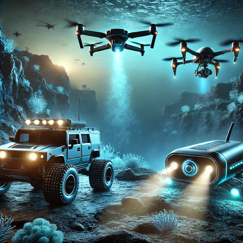 the three main types of drones_ an aerial drone flying in the sky, a land drone navigating rocky terrain, and an underwa